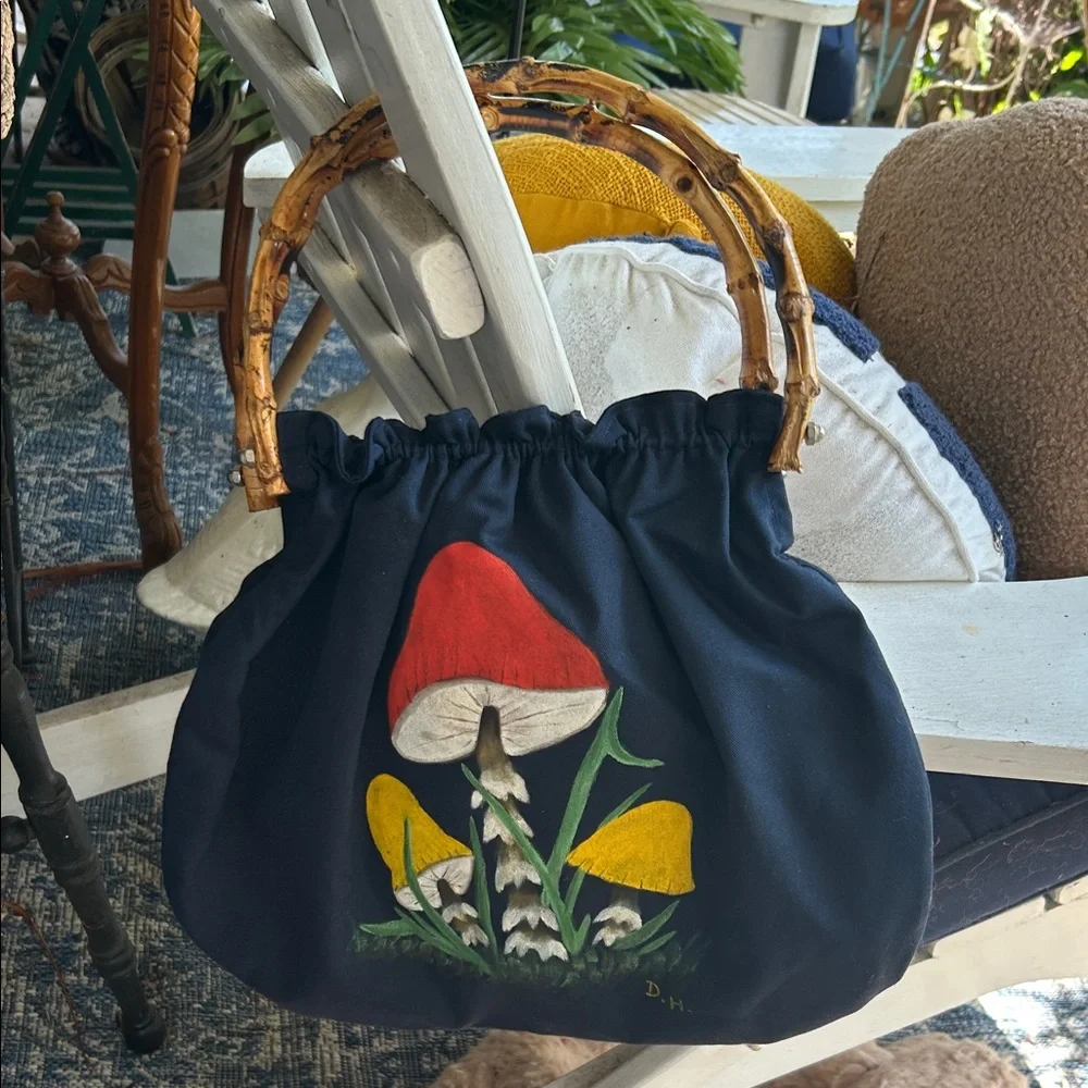 Vintage Blue Mushrooms Bag w Bamboo Handles - Picture 2 of 9